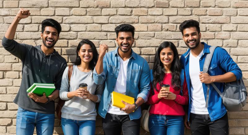 Happy Indian College Students Celebrating Success on Campus