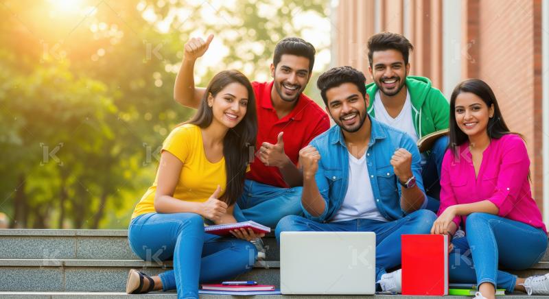 Happy Indian Students Celebrating Academic Success on Campus Ste