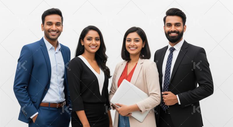 Smiling Indian Business Professionals Team Standing Against Whit