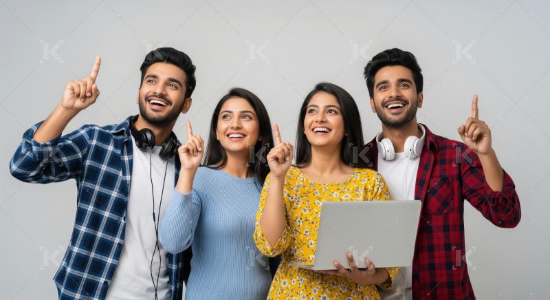 Four happy Indian youth pointing upwards, finding inspiration.