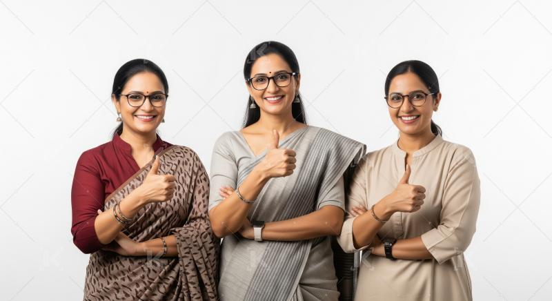 Three Happy Indian Women Showing Thumbs Up, Smiling Confidently