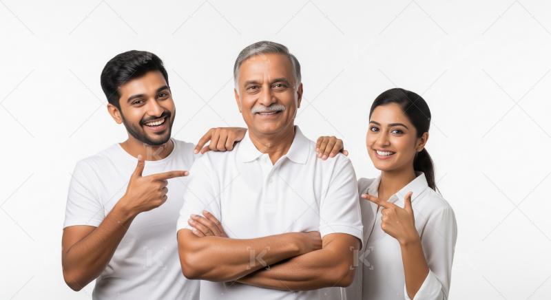 Happy Indian Family: Young Adults Pointing at Senior Man