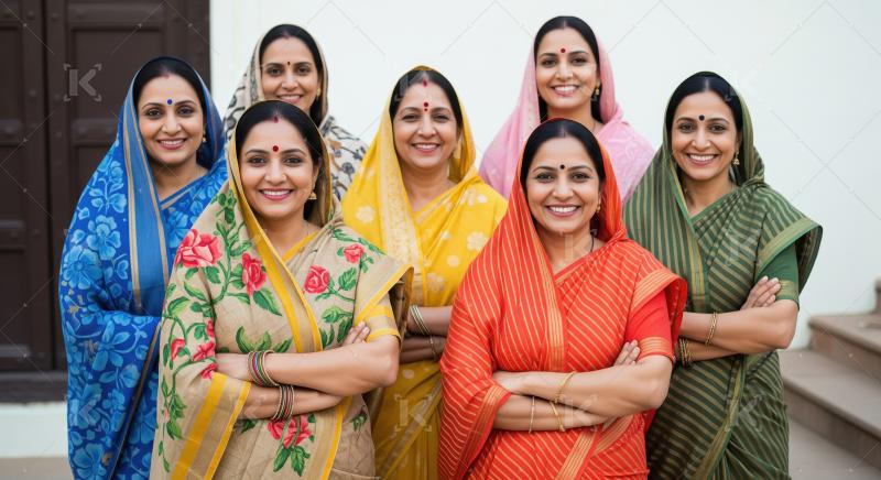 Group of Happy Indian Women Posing Confidently in Traditional At