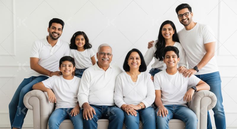 Smiling Indian family enjoying togetherness on a sofa.