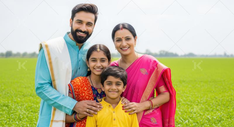 Smiling Indian family in traditional attire amidst vibrant green