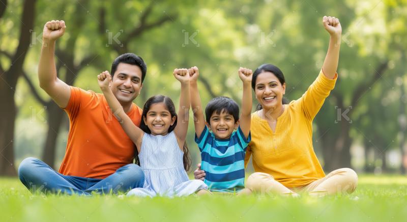 Joyful Indian family raising fists, celebrating a moment of triu