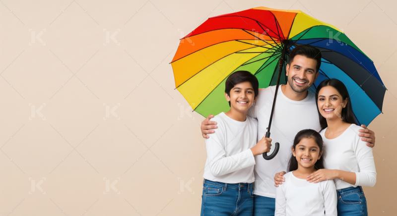 Happy Indian family smiling under colorful umbrella protection