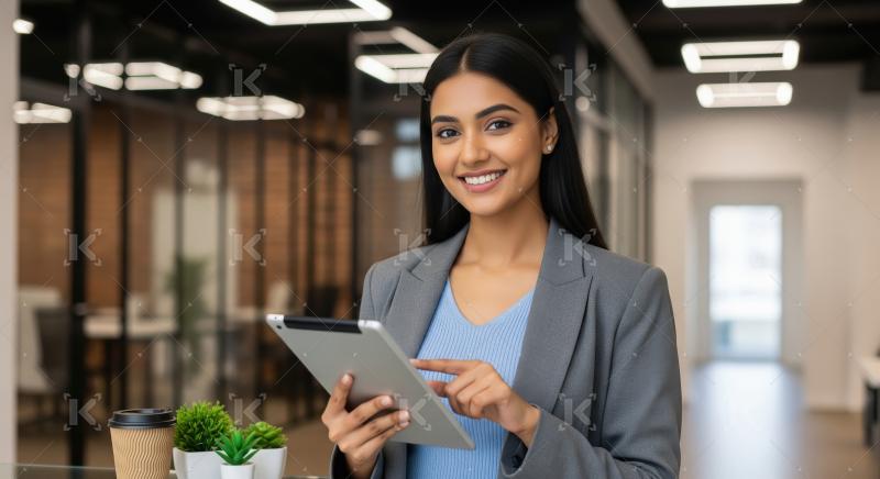Confident young Indian businesswoman in a modern office using a