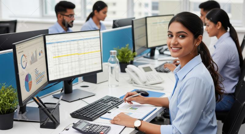 Young Indian businesswoman in a modern open-plan office analyzin