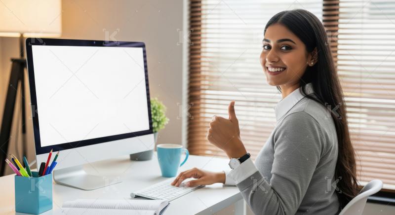 Cheerful young Indian woman working at a modern desktop computer