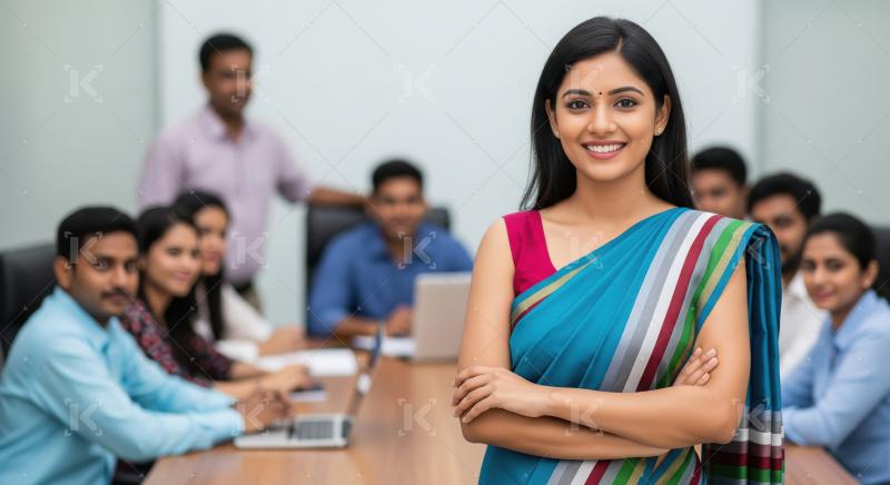 Confident young Indian businesswoman in a colorful saree standin
