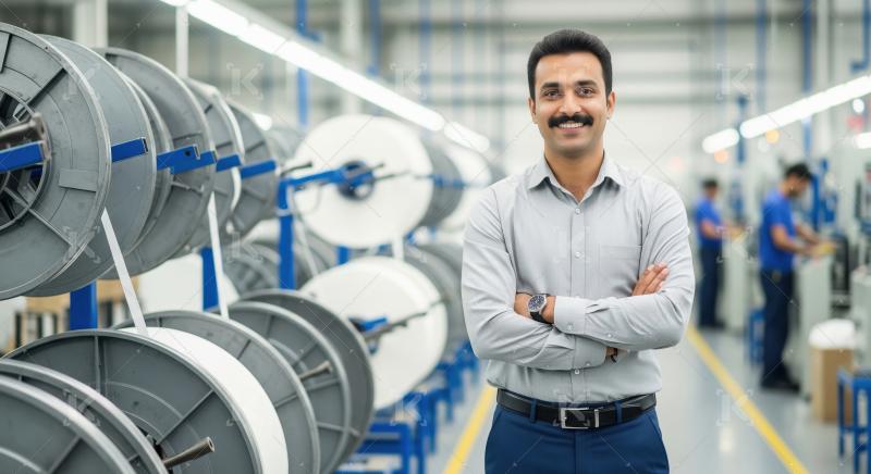 A confident factory manager stands with folded arms in a modern