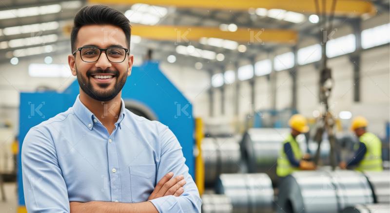 A confident factory manager stands with folded arms in a modern