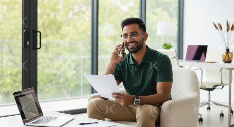 A young Indian professional works remotely from a bright modern