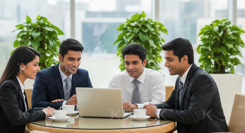 Four Indian business professionals in formal attire sit around a