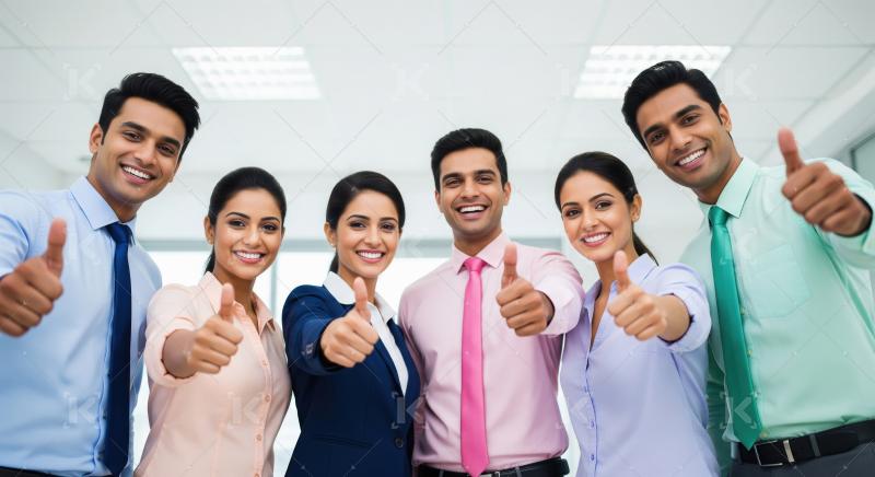 A cheerful group of six young Indian professionals in formal att