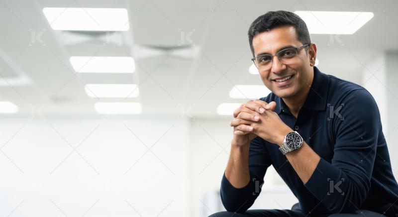 A confident middle‑aged Indian professional in a smart casual