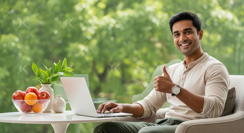 A cheerful young Indian man works on his laptop at a bright home