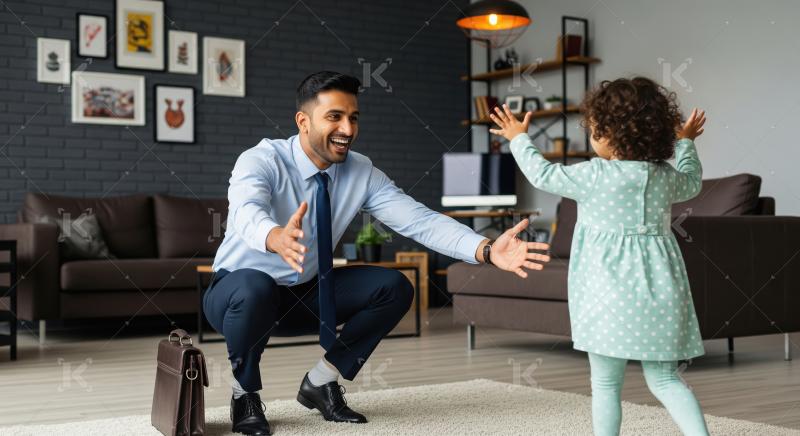 An Indian father in office attire kneels in the living room with