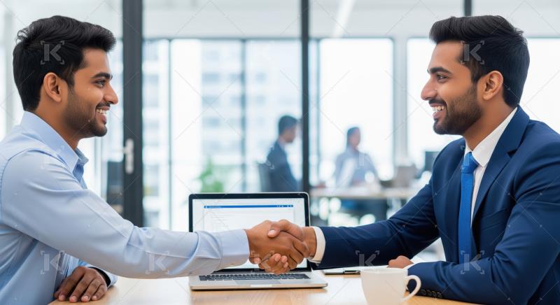 Two Indian business professionals sit across a desk in a modern