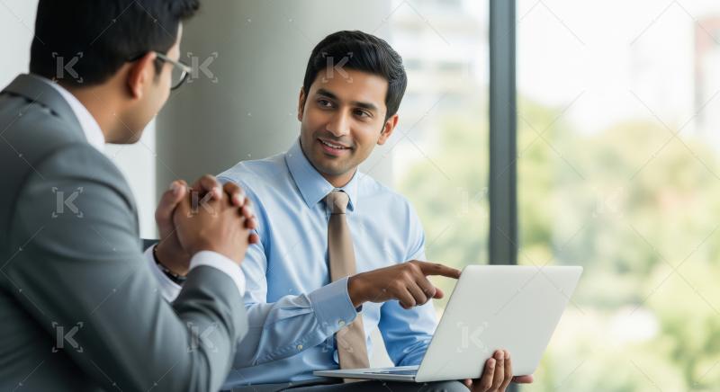Two professional businessmen in formal attire having a focused d