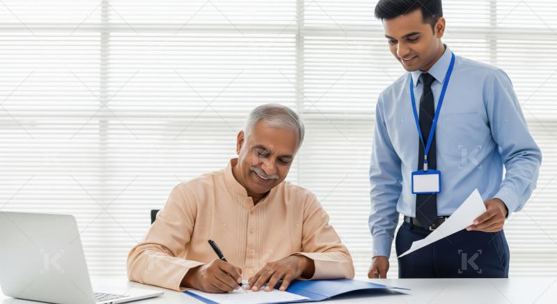 An elderly Indian man in traditional attire signs important docu