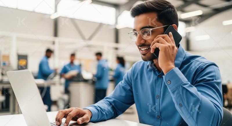 A young Indian professional works on a laptop while talking on a