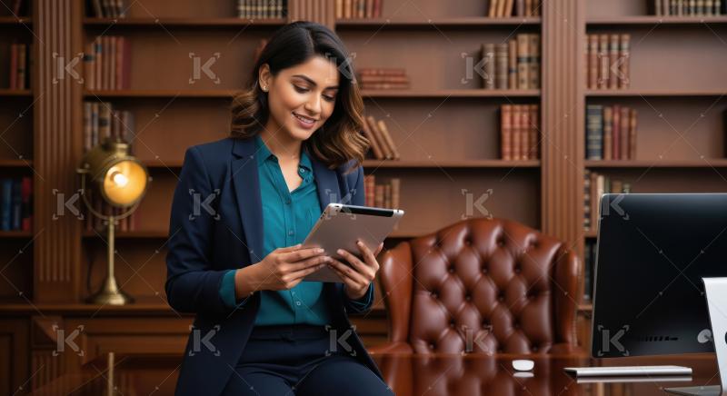 Young indian female lawyer sitting at office using tablet