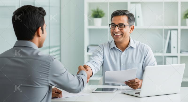A young Indian professional shakes hands with a senior businessm