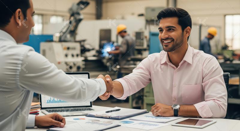 Two Indian businessmen in a factory office shaking hands over fi