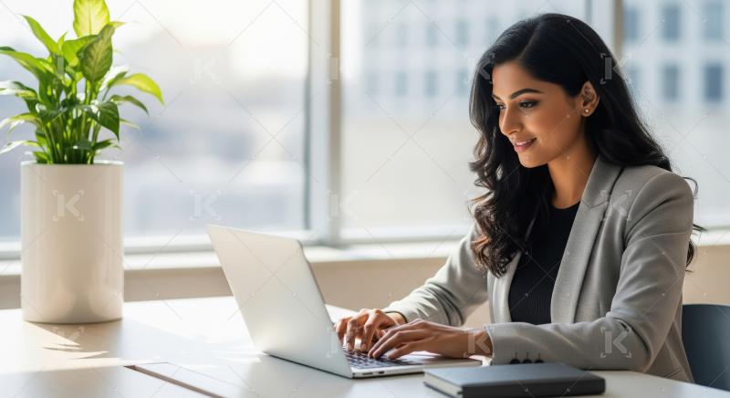 Young Indian businesswoman in a grey blazer works on her laptop