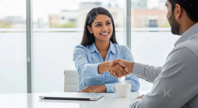 A friendly Indian businesswoman in a light blue shirt sits at a