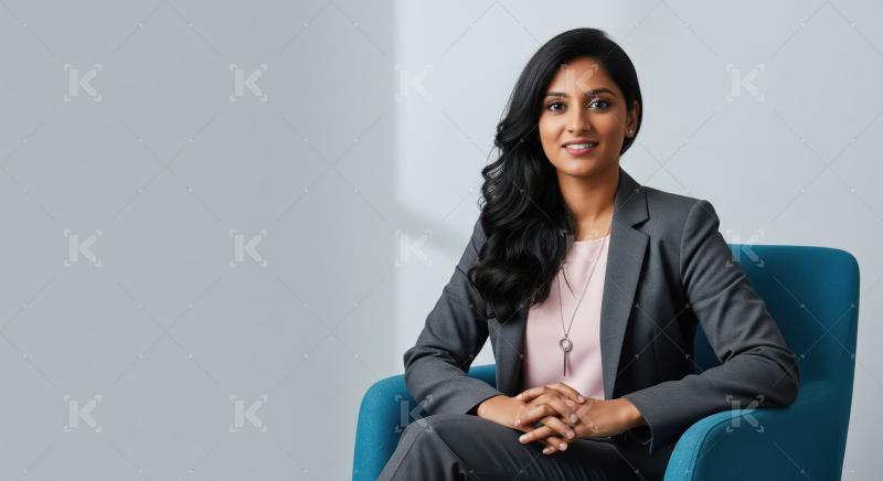 Young businesswoman sitting confidently on white background