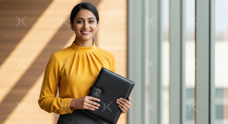 Young Indian businesswoman in a yellow blouse confidently holdin