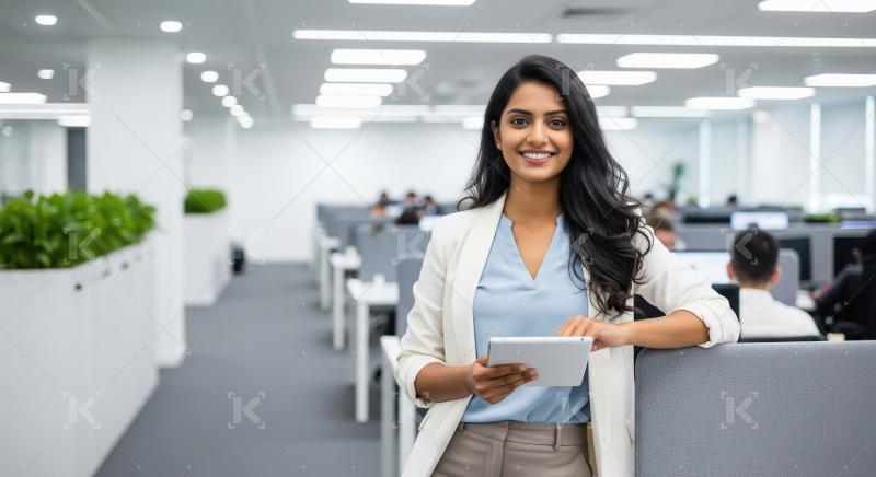 A confident young Indian businesswoman stands in a modern open