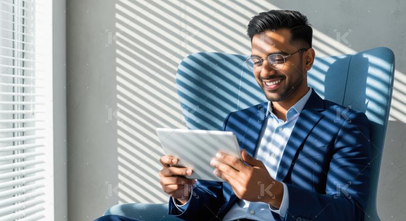 A young Indian businessman in a blue suit relaxes in a sunlit of