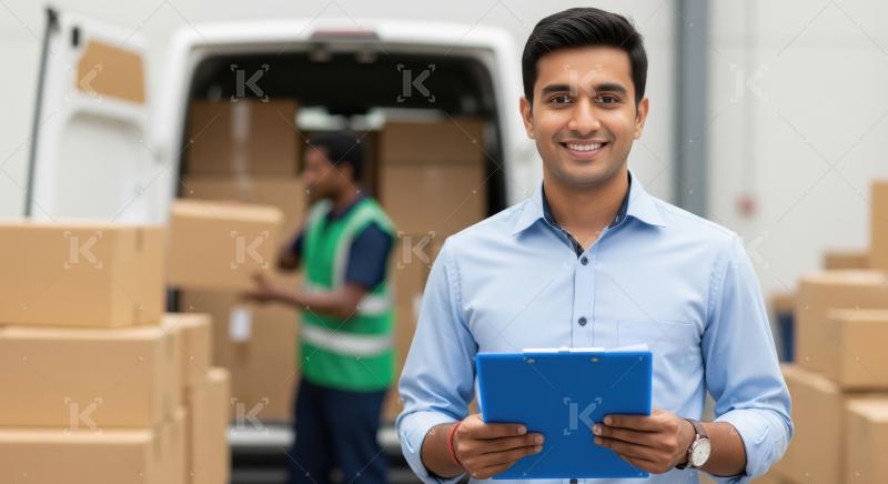 A smiling young Indian logistics supervisor stands in front of a