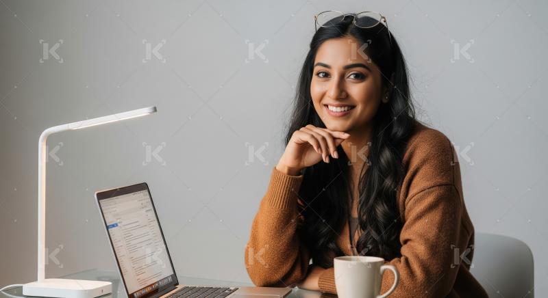 A smiling young Indian woman sits at a minimalist desk with a la