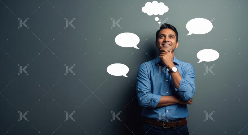 A thoughtful young Indian man in a blue shirt stands against a p