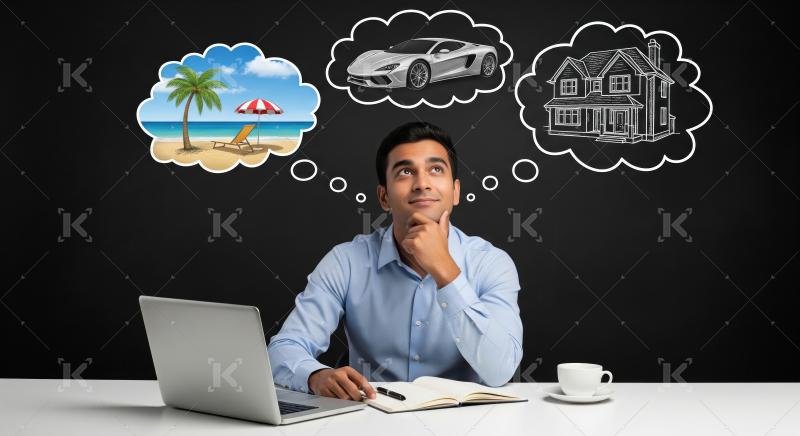 A thoughtful young Indian man sits at a desk with a laptop and n