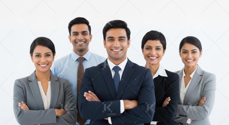 Corporate men and women standing confidently