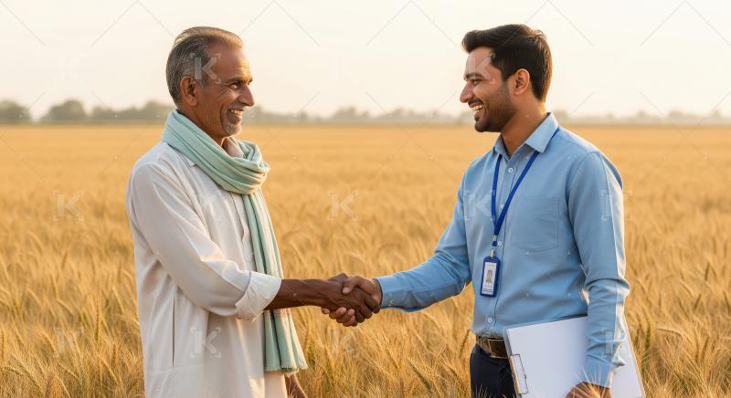 Young indian banker shake hand with farmer