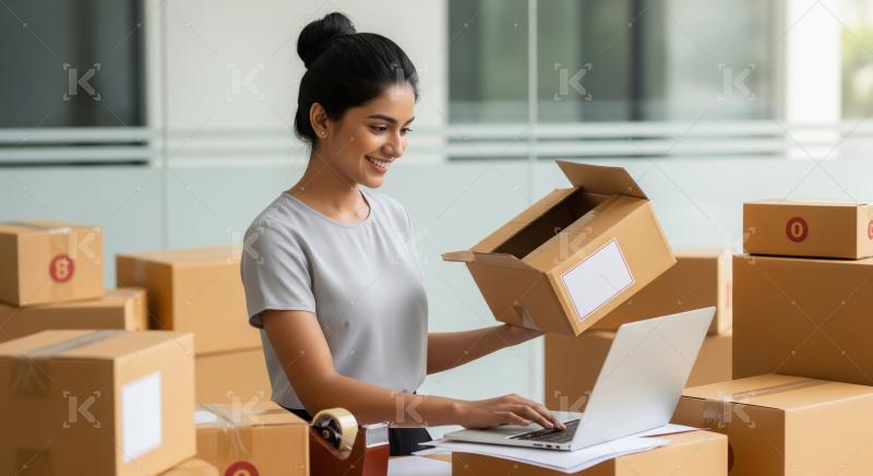 A smiling young Indian woman runs her online business, packing p