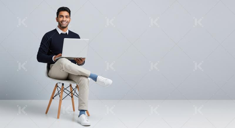 Young Indian man in smart-casual attire sitting on a modern chai