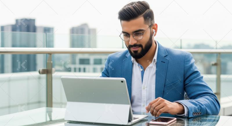 A young Indian focused on his tablet with wireless earbuds in an