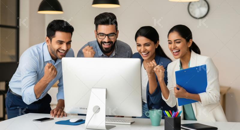 Four excited Indian colleagues gather around a computer monitor
