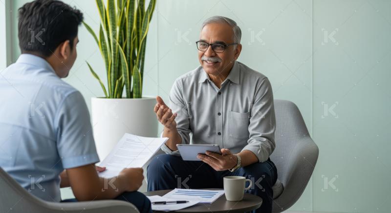 A senior Indian mentor sits in a modern office lounge, warmly di
