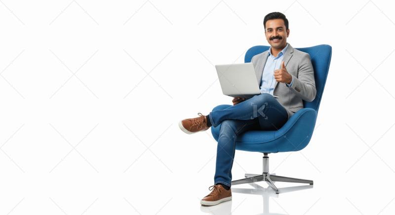 Young indian businessman using laptop and showing thumps up