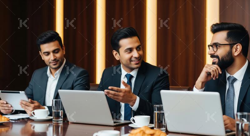 Three young Indian businessmen sit together in a modern boardroo