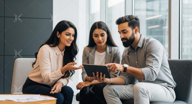 Two young Indian women and a man in smart casual business attire